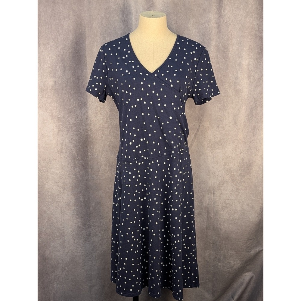 IZOD Women Navy Blue White Star Print Faux Wrap V-Neck Midi Dress‎ Medium M-C271